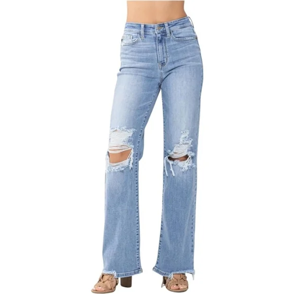 Judy Blue High Waist 90's Knee Destroy Straight Denim Jeans Size 28 Baddie - Picture 6 of 11